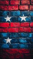 Vivid mural featuring red and blue brick pattern with white stars on a textured wall. photo