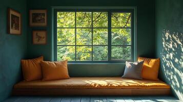 Cozy reading nook with bright window and leafy view in a serene indoor space. photo