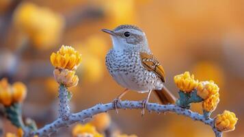 Bird perched on branch with blooming yellow flowers in soft light during early morning. photo