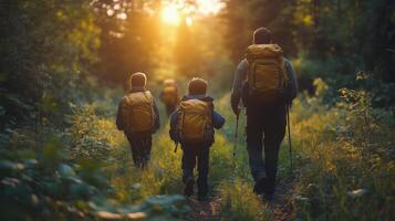 Family hiking adventure in the forest during sunset with backpacks and walking sticks. photo