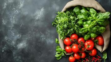 Fresh vegetables and herbs in a burlap bag on a dark surface creating a vibrant culinary display. photo