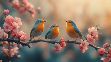 Birds perched on a blooming branch during sunset in a serene garden. photo