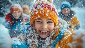 Happy children enjoying a snowy day in the forest during wintertime and playing together joyfully. photo