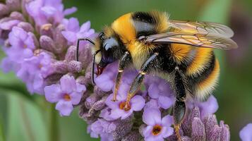 Buzzing bee collecting nectar from vibrant purple flowers in a garden setting. photo