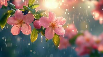 Cherry blossoms in rain with sunlight shining through in a vibrant natural setting. photo