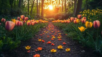 Vibrant garden pathway lined with blooming tulips and fallen petals at sunset. photo