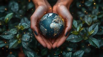 Holding a glowing earth surrounded by green plants in a serene environment at dusk. photo