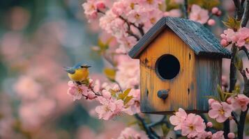 Bird perched on tree branch near wooden birdhouse surrounded by blooming pink flowers in springtime. photo