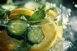 Refreshing drink with lemon and cucumber garnished with mint in a clear glass bowl. photo