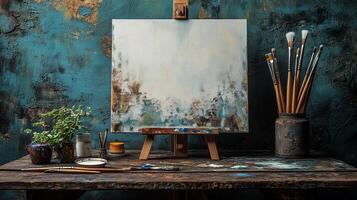 Creative workspace with paint brushes and blank canvas in a vibrant studio setting. photo