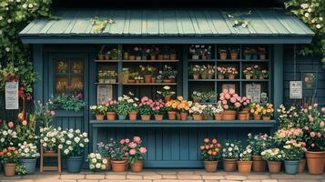 Flower stand with colorful blooms in a quaint outdoor market during sunny afternoon. photo