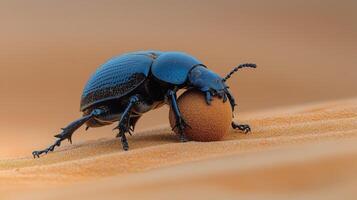 Blue beetle rolls ball of dung across sandy desert landscape during golden hour light. photo