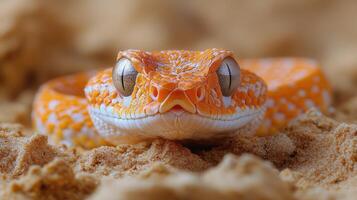 Close-up view of an orange patterned reptile resting on sandy ground in natural habitat. photo