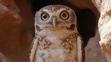 Brown owl with striking yellow eyes perched in rocky environment during daylight. photo