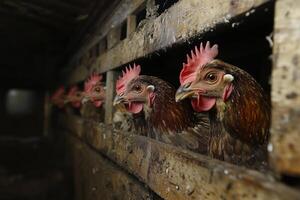 Chickens in a dimly lit poultry barn awaiting feed in a rural setting. photo