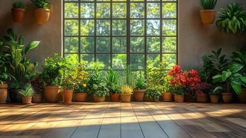 Indoor garden with vibrant plants and large windows allowing natural light. photo