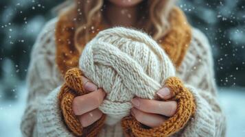 Cozy winter day with knitted yarn in hands surrounded by falling snow. photo