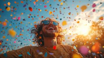 Joyful celebration with colorful confetti during sunset. photo