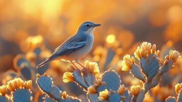 Bird perched on cactus flowers during golden hour in a desert landscape. photo