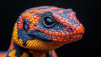 Vibrant close-up of a colorful lizard showcasing intricate scales in detail. photo