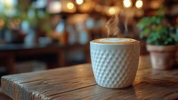 Warm coffee sits on a wooden table surrounded by a cozy cafe atmosphere in the afternoon. photo
