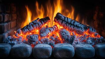 Warm glow of burning logs in a cozy fireplace during a cold evening. photo