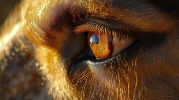 Majestic close-up of a dog's eye capturing sunlight and expression in natural setting. photo