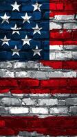 Textured American flag mural on brick wall showcasing red white and blue colors. photo