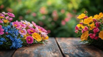 vistoso flores floreciente en un rústico de madera mesa en un vibrante jardín ajuste. foto