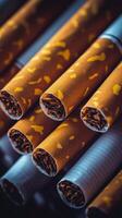 Rolled tobacco sticks in close-up view showcasing textured wrappers and fine tobacco inside. photo