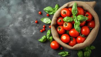 Fresh tomatoes and basil in a burlap sack on a dark countertop. photo