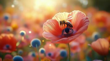 Bee collecting pollen from a vibrant flower in a sunny floral meadow. photo