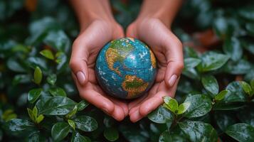 Hands hold a small globe surrounded by lush green foliage in a serene natural setting. photo