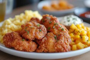 Crispy fried chicken served with mashed potatoes and mango salsa on a dining table. photo