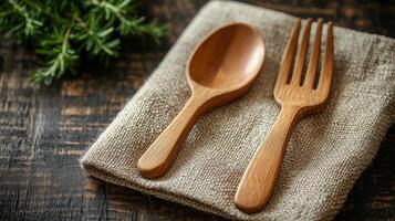 Wooden spoon and fork on a rustic cloth napkin in a cozy kitchen setting. photo
