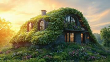 Enchanted cottage covered in greenery under a beautiful sunset sky in a serene landscape. photo