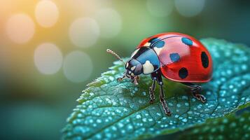 Colorful ladybug resting on a green leaf in a vibrant garden during daylight. photo
