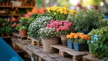 Colorful flower market display featuring vibrant plants in pots during a sunny day. photo