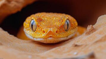 Colorful orange reptile peeking from sandy burrow in natural habitat. photo