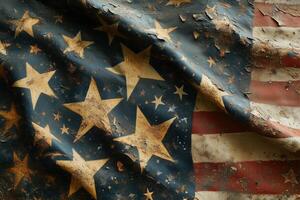 Weathered American flag with faded colors and distressed fabric displayed indoors. photo