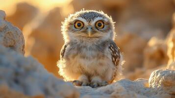 Small owl perched on rocky terrain in warm sunlight during golden hour. photo
