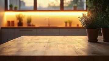 Cozy kitchen space with wooden table and plants during sunset glow. photo