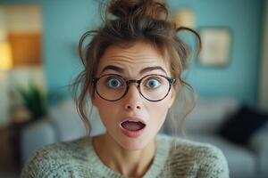 Surprised woman with glasses expresses shock in a cozy indoor setting. photo