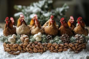 Group of decorative chickens surrounded by winter scenery and pine cones on a snowy surface. photo