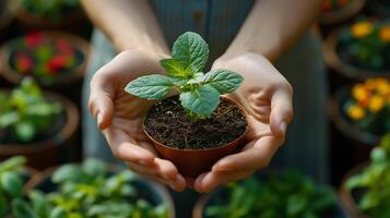 Holding a young plant with care in a vibrant garden setting during the daylight hours. photo