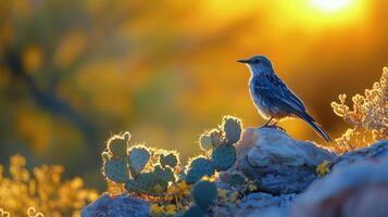 Bird perched on rock surrounded by cacti at sunset in desert landscape. photo
