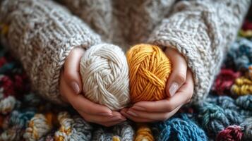 Warm hands hold soft yarn balls over a cozy knitted blanket in a serene indoor setting. photo