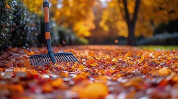 Raking colorful autumn leaves in a vibrant park during a sunny fall afternoon. photo