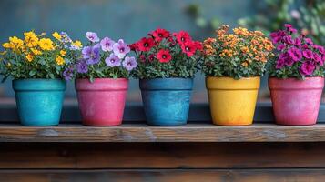 Brightly colored flower pots with blooming flowers displayed on a wooden shelf in a garden setting. photo