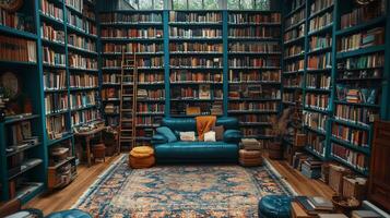 Cozy library interior with teal bookshelves and a welcoming reading nook for leisurely afternoons. photo